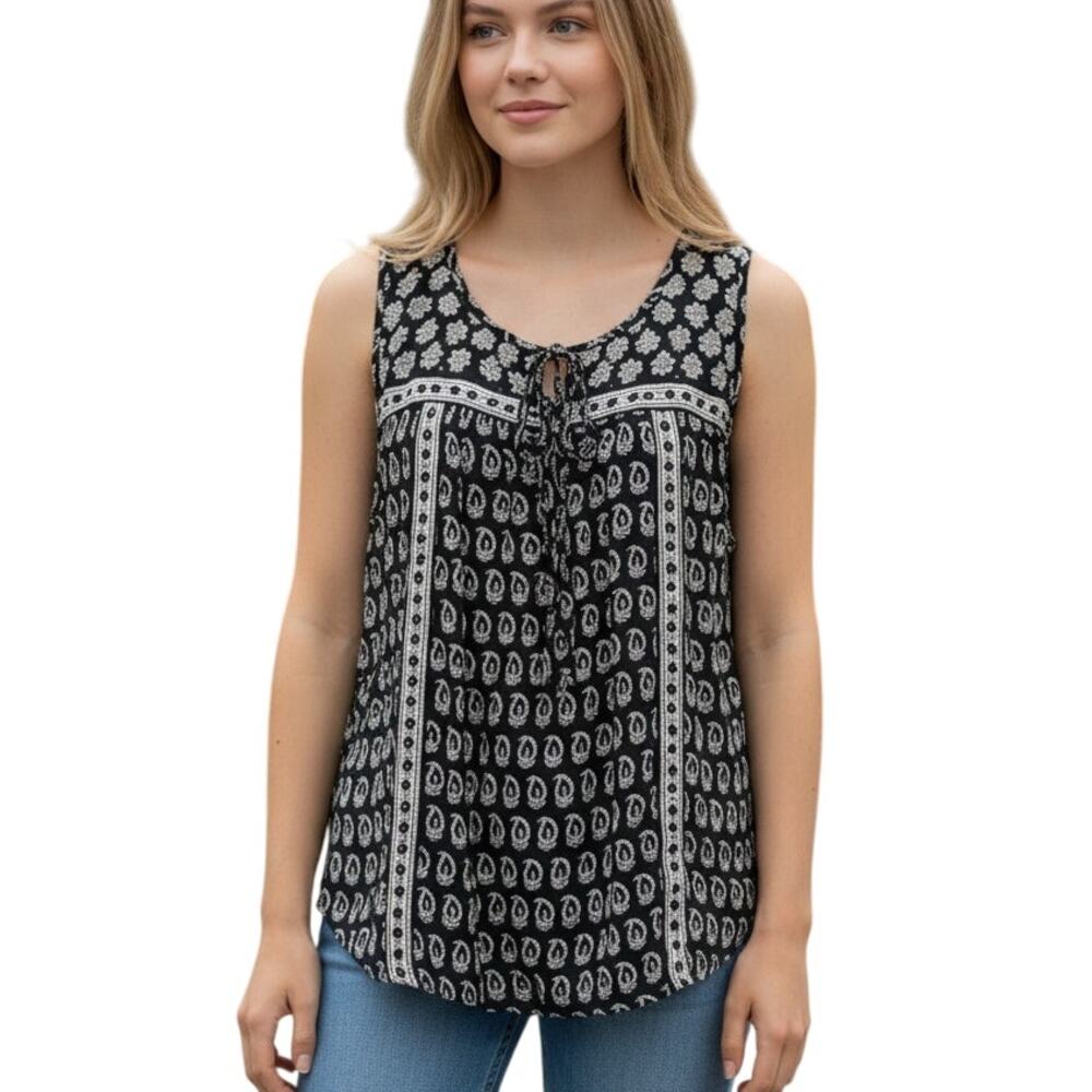 Lucky Brand Boho Tank Womens Large Black White Paisley Floral Mixed Print Top